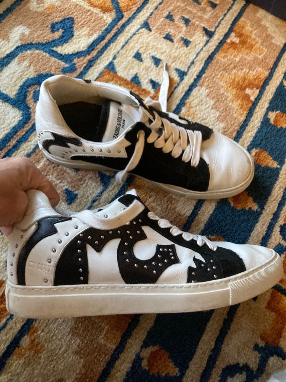 US9 EU40 Zadig & Voltaire black and white stud genuine leather fashion sneakers